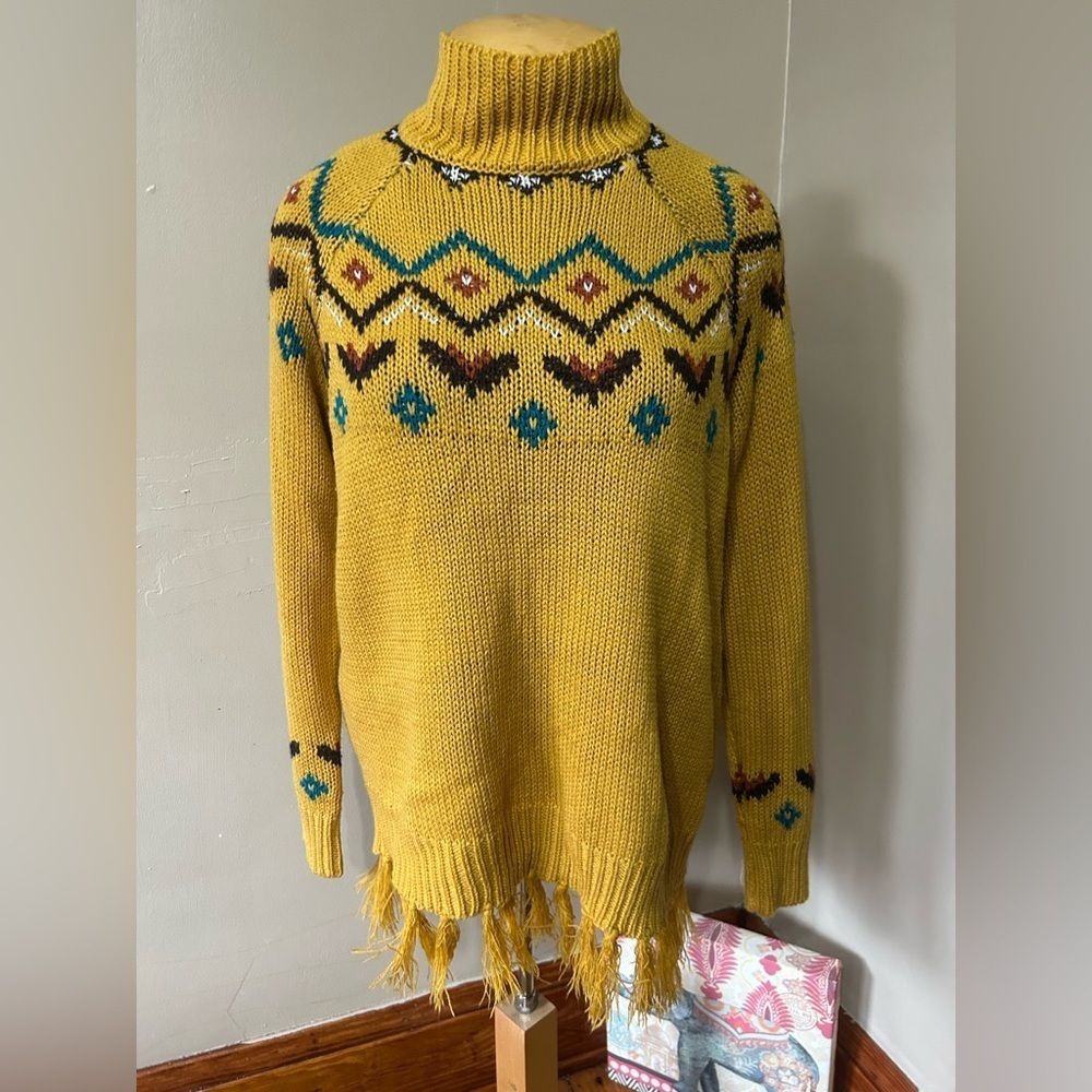 Women’s Aztec  Sweater By Wrangler Fringed Southwestern Mock Neck  XL